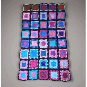 Vintage Granny Squares Afghan Crochet Throw Blanket Handmade 53x32 Multicolor C